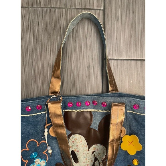 Walt Disney World Mickey Mouse Denim Embroidery Flowers Button Large Tote Purse - Picture 6 of 10